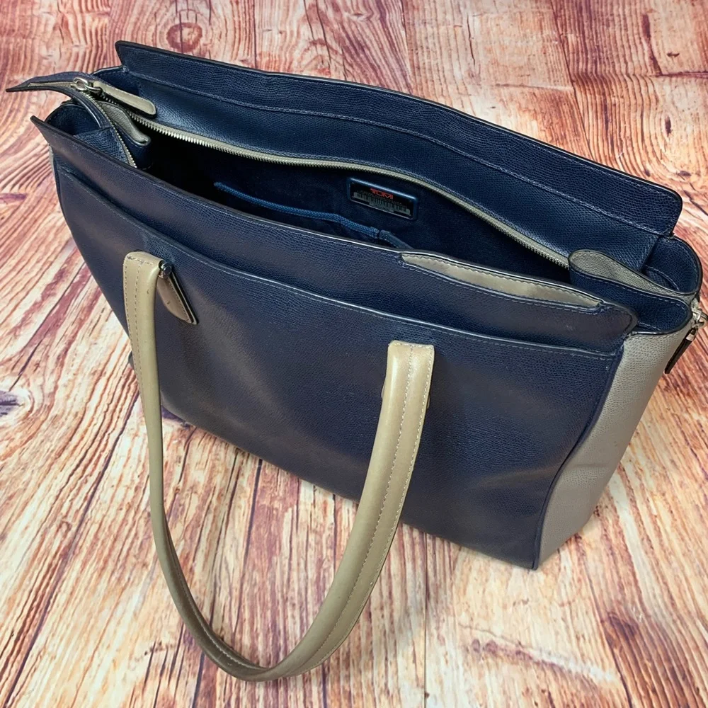 Tumi Pavia Satchel Bag Two Tone Navy Taupe Travel Laptop Tote. Embossed